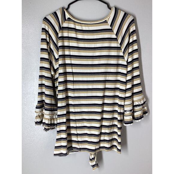 doe And Rae Multicolor Strip Top Black White Tan Ruffed Cuffs Women’s - Picture 7 of 9